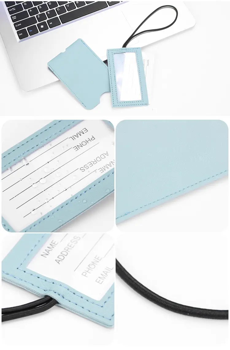 Leather luggage tag attached to suitcase